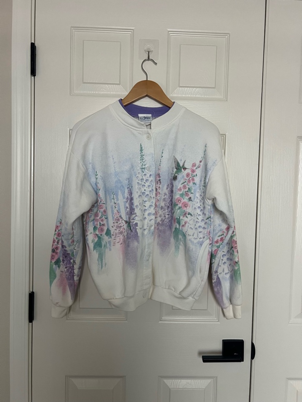 Vintage White Floral Hummingbird Button-Up Sweatshirt Sz M 80% Cotton - Picture 7 of 7